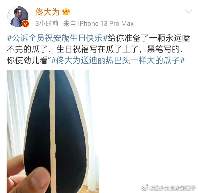 佟大为送迪丽热巴的生日礼物是一颗大瓜子！