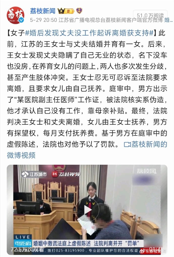江苏女子婚后发现丈夫没工作后起诉，法院支持其离婚请求