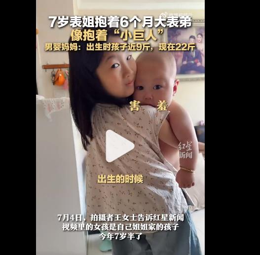 儿子出生6个月他刚才22斤，7岁小表姐怀抱小巨人