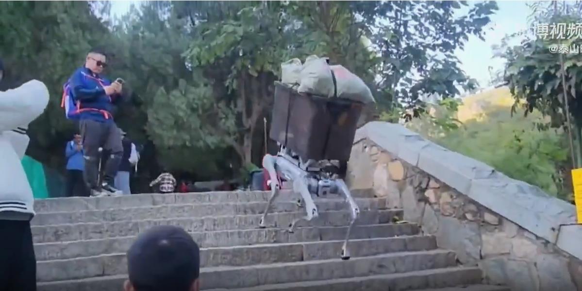 游客偶遇机器狗载重物爬泰山，骑上它，征服泰山不再是梦
