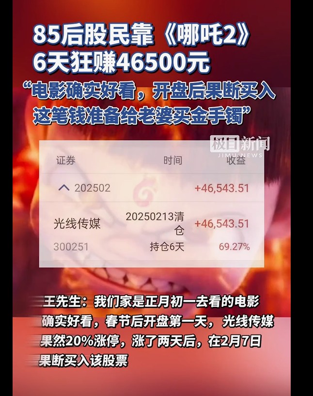 哪吒电影热映，男子受启发果断买股票狂赚4.6万